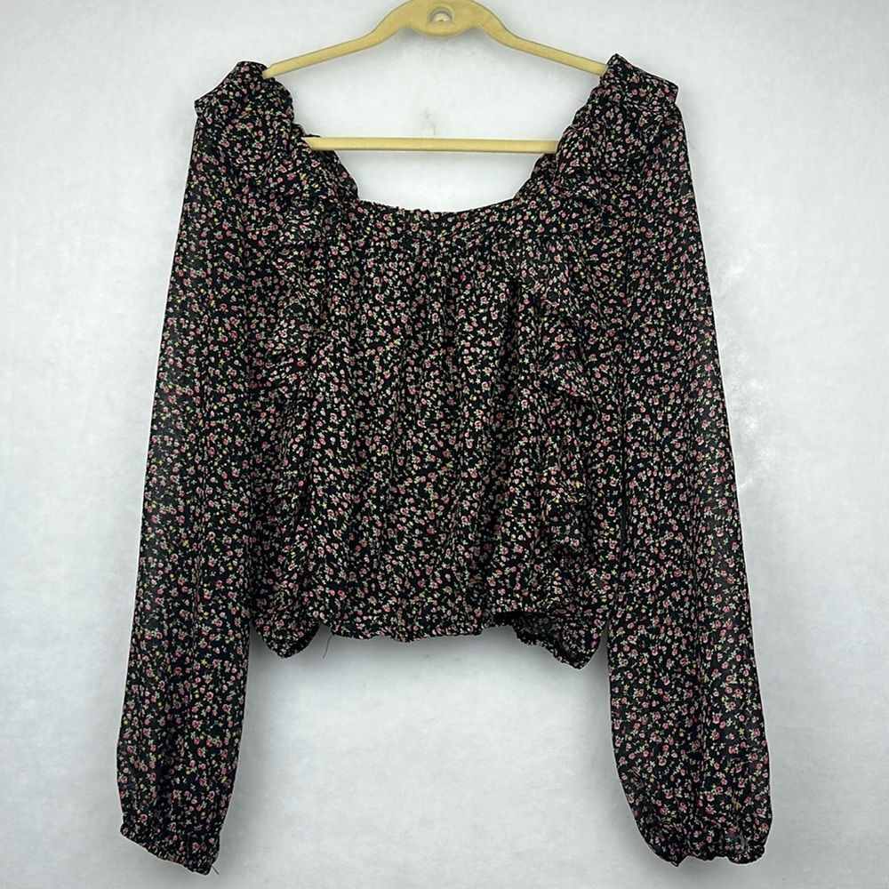 Passport Top Women Square Neck Ruffle Long Sleeve Shirt Blouse SZ L